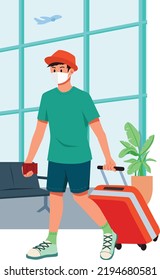 Traveler Passenger Walking At Airport Gate Terminal Wearing Face Mask Traveling On Holiday During Pandemic. New Normal Safe Travel Vacation. A Young Man Holding Suitcase Luggage Vector Illustration