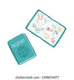 Traveler passport. Cover and page spread with various stamps, seals. Stock Vector illustration in simple cartoon style.