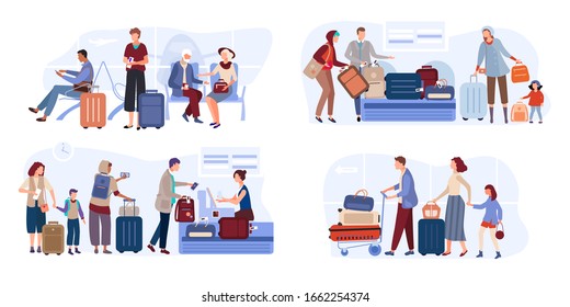 Traveler people in airport lounge with tickets, suitcase on hand drawn airline vector illustration. Man, women, child with luggage sit on airport bench, carry baggage ,checkin flight, awaiting flight