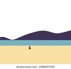 Traveler People enjoying on the beach during holiday vacation. Nature mountain landscape. Minimal design. 