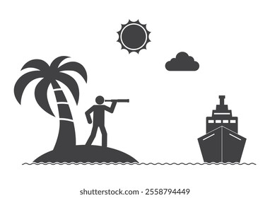 traveler person with handheld telescope on palm tree tropical island looking for ship vessel icon