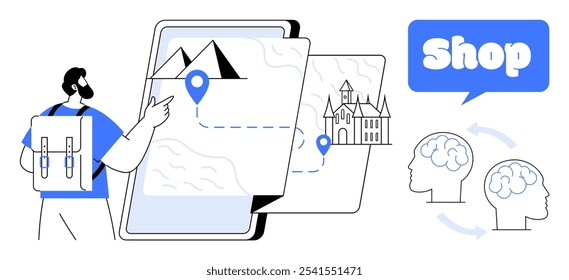 A traveler pointing at a tablet displaying a map, location pin, mountain, and castle. Ideal for travel planning, online shopping, education, adventure, and digital navigation. Clean, modern style