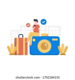 a traveler is preparing luggage and cameras for a vacation vector illustration, suitable for landing page, ui, website, mobile app, editorial, poster, flyer, article, and banner