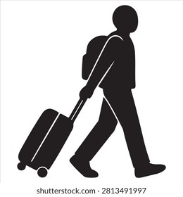 Traveler pulling wheeled suitcase with backpack