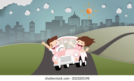 traveler put hands up and smile when drive car ,Vector flat  concept and cartoon design