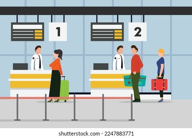 Traveler queue at terminal check in counter for drop-off luggage 2d vector illustration concept for banner, website, illustration, landing page, flyer, etc