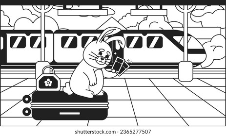 Traveler rabbit on platform black and white cute chill lo fi wallpaper. Luggage tourist bunny with train tickets linear 2D vector cartoon character illustration, monochrome lofi kawaii background