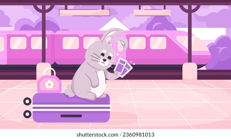 Traveler rabbit on platform cute chill lo fi wallpaper. Luggage tourist bunny with train tickets 2D vector cartoon character illustration, lofi anime background. 90s kawaii aesthetic, dreamy vibes