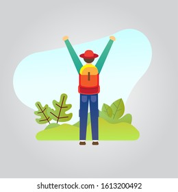 A traveler raises his hand as a sign of happiness for what he went through.