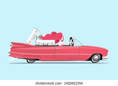 Traveler redhead girl is driving a red car with luggage on backseats. Traveling woman. Cartoon styled vector illustration.