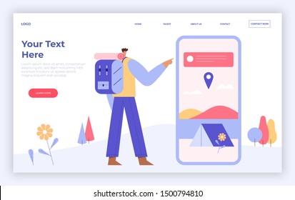 Traveler renting a camp, hiker with backpack choosing the purpose of trip. The application in smartphone for tourists. Landing page template for web projects. Flat vector illustration.