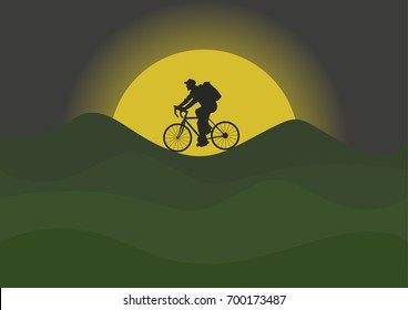 A traveler is riding bike of cyclists on a nature background. Forest, river. Summer. Vector illustration. Character. Transport. 