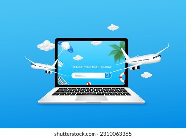 Traveler search for a destination accommodation tickets and booking flight online. Internet search bar empty in laptop computer with airplane is taking off. For ad media about tourism. 3D Vector EPS10