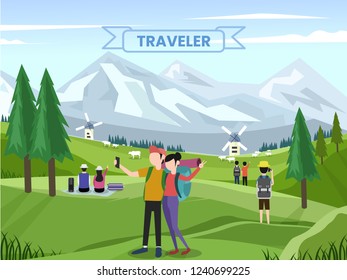 Traveler selfie in front og the beautiful mountain and grass. Lanscape design illustration