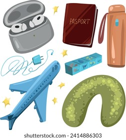 Traveler set color vector illustration. Things for vacation, work trip, plane, train, car, any type of transport. Drawings of things necessary for the road: shirts, pants, passport, tickets, travel pi