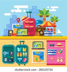 Traveler set for summer vacation with packed bags. Open suitcase. Relaxing on beach, search for destination. Hotel reservation. Travel by sea. Vector flat illustration