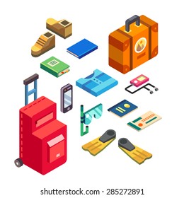 Traveler set in warm countries an isometric view. Necessary elements of baggage in summer trip. Vector flat illustration