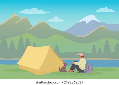 El viajero se sienta con el perro al lado de la tienda que disfruta del paisaje con las montañas, el lago y el bosque. Ilustración de color de Vector en estilo plano.