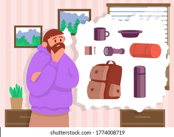Traveler sits at home and thinks what to take with him on a hike. Cartoon vector illustration.