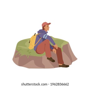 Traveler sits on hill isolated flat cartoon person. Vector tourist man in cap and rucksack backpack, trekking, climbing or hiking hobby activity. Lonely person sitting on grass, hiker on excursion