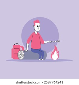 Traveler sitting relaxed by campfire, roasting skewers. Camping gear nearby, surrounded by serene outdoor atmosphere in evening