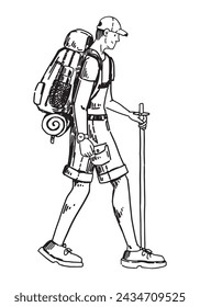 Traveler sketch, tourist clipart. Doodle of man walking with a backpack. Hand drawn vector illustration in engraving style.