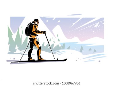 Traveler ski on the slope in mountains. Winter mountain landscape. Vector illustration