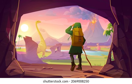 Traveler stand at cave looking on Jurassic era landscape with dinosaurs and erupting volcano. Time travel concept, Prehistoric Earth evolution, fantastic scenery land, Cartoon vector illustration