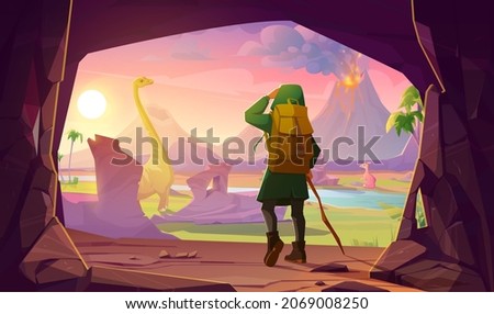Traveler stand at cave looking on Jurassic era landscape with dinosaurs and erupting volcano. Time travel concept, Prehistoric Earth evolution, fantastic scenery land, Cartoon vector illustration