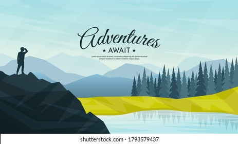 Traveler standing looking at mountains. Concept of discovery, exploration, hiking, adventure tourism and travel. Realistic landscape with fog in forest. Wilderness explorer. Website template 