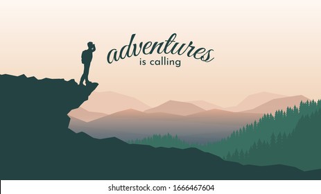 Traveler standing looking on forest. The guy watches nature with binoculars and backpack. Vector travel concept banner. Concept of discovery, exploration, hiking, adventure tourism and travel.