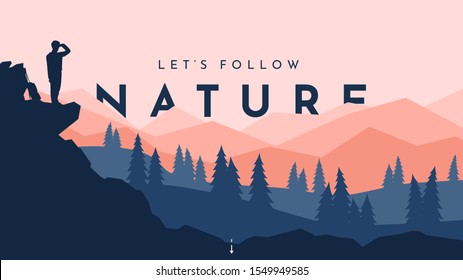 Traveler standing looking on valley. The guy watches nature with backpack and travel walking sticks piled on a rock. Mountains with text behind. Double exposure effect. Vector travel concept banner.