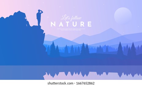 Traveler standing looking on valley. The guy watches nature with backpack and travel walking sticks piled on a rock. Vector travel concept banner. Concept of discovery, exploration, hiking, adventure