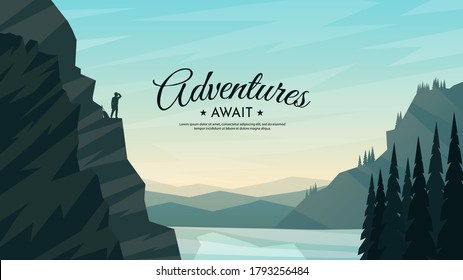 Traveler standing looking on valley. The guy watches nature with backpack and travel walking sticks piled on a rock. Hiking. Adventure tourism. Website template. Countryside. Travel concept. 