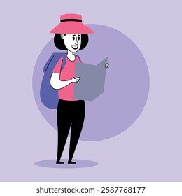 Traveler standing with map, wearing sun hat and carrying backpack. Excited to discover local attractions, woman engaged in planning her next adventure