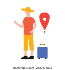 Traveler standing next to suitcase and location pin, ready for adventure. Perfect for travel guides, vacation websites, and transportation services.