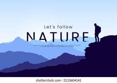 Traveler standing on a rock and looking on valley. The guy watches nature with backpack and cap. Hiking. Adventure tourism. Website template. Countryside. Travel concept.