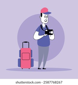 Traveler standing at suitcase with camera ready to capture moments. Journey filled with adventure and exploration concept