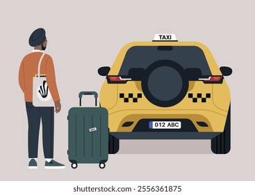 A traveler stands beside a taxi at the airport, looking toward the vehicle as they prepare to check in their suitcase, The setting highlights the journey's beginning in a bustling atmosphere