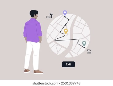 Um viajante está olhando atentamente para um mapa de navegação, considerando sua jornada adiante, O mapa ilustra uma rota sinuosa que leva a uma saída, com tempo de viagem estimado claramente marcado