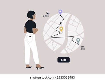 Um viajante está olhando atentamente para um mapa de navegação, considerando sua jornada adiante, O mapa ilustra uma rota sinuosa que leva a uma saída, com tempo de viagem estimado claramente marcado