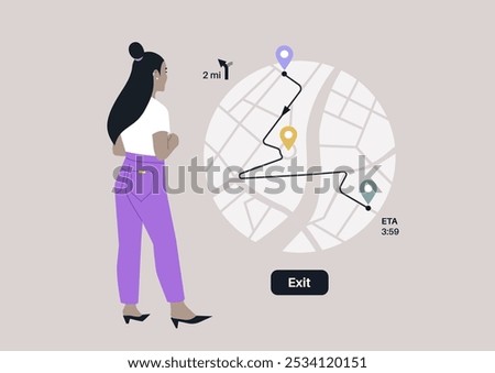 A traveler stands intently looking at a navigation map, considering their journey ahead, The map illustrates a winding route leading to an exit, with estimated travel time clearly marked