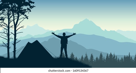 Traveler stands near a tent at sunrise. On the background of mountains and forests. Silhouette vector illustration