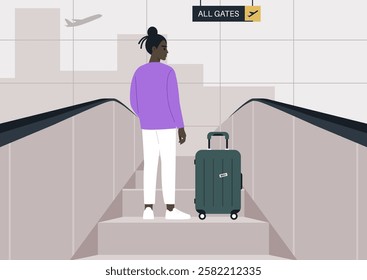 A traveler stands on an escalator in a busy airport, gazing upward toward departure gates, with a suitcase by their side, ready for the journey ahead