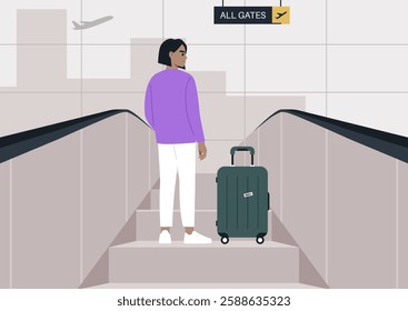 A traveler stands on an escalator in a busy airport, gazing upward toward departure gates, with a suitcase by their side, ready for the journey ahead