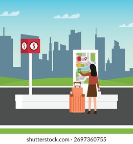 Traveler with Suitcase Checking a City Map or Guide at a Bus Stop Against a City Skyline 2d flat vector illustrations