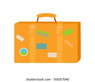 Traveler suitcase. Flat style vector. Classic leather handbag with stickers from various countries. Illustration for travel and touristic concepts, travel companies ad. Baggage for journey. On white