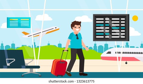 Traveler with a suitcase on the sidewalk, traveling bag on airport background, trip concept. VEctor illustration