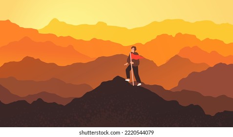 Traveler in sunset mountains, orange graphic design. Man climbing up mountains or cliffs.  Traveller or explorer standing on top of mountain. Successive steps to goal achievement concept.