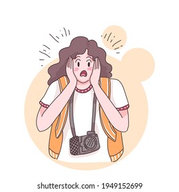 Traveler teenage female with camera, she feeling excited in cartoon character, flat vector illustration